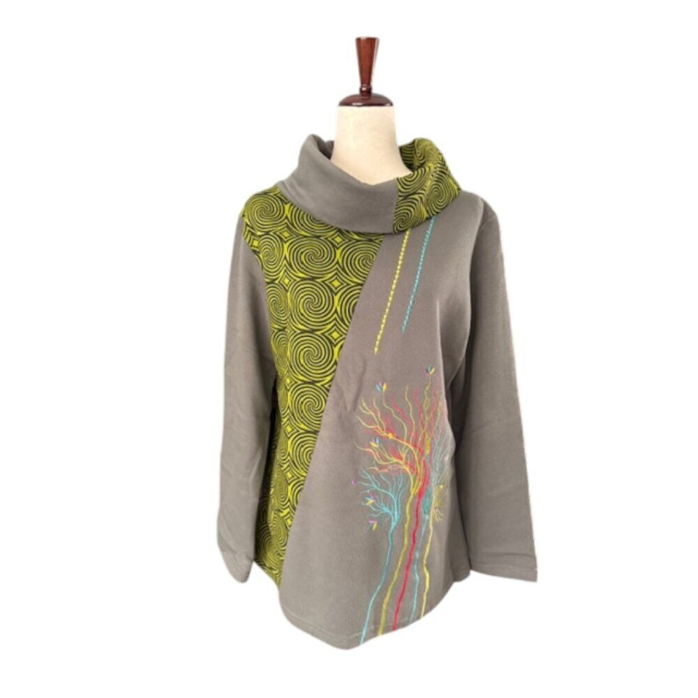 Boho Hippie Retro Trippy Green Embroidered Women's Sweatshirt Cowl Neck Lrg NWOT - Picture 2 of 16